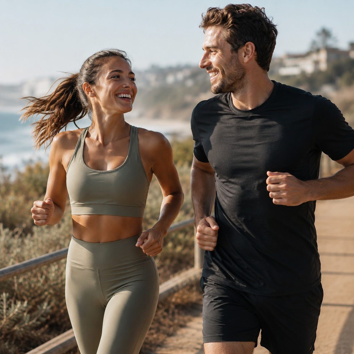 Man and woman jogging outdoors with a scenic background