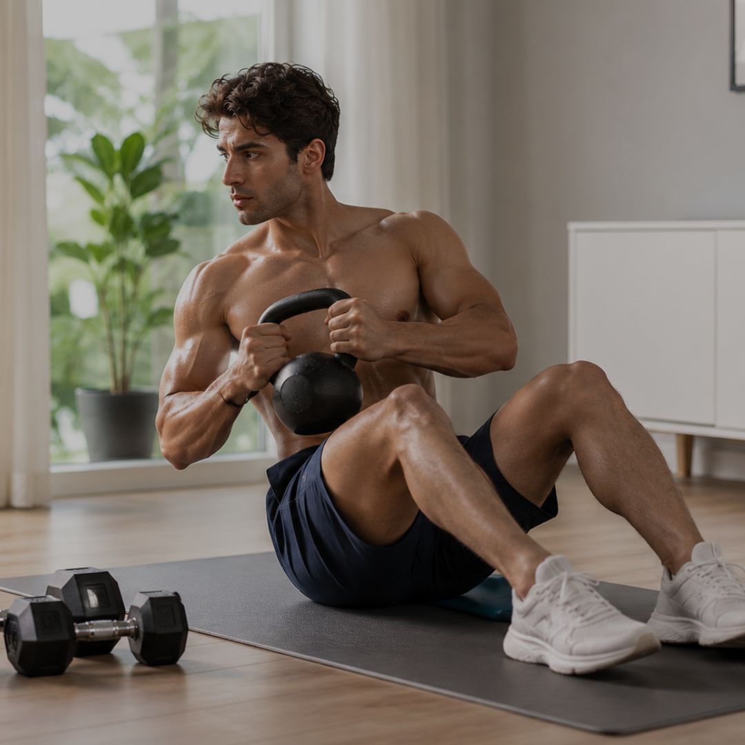 Man exercising with kettlebells during realistic modern home fitness workout session
