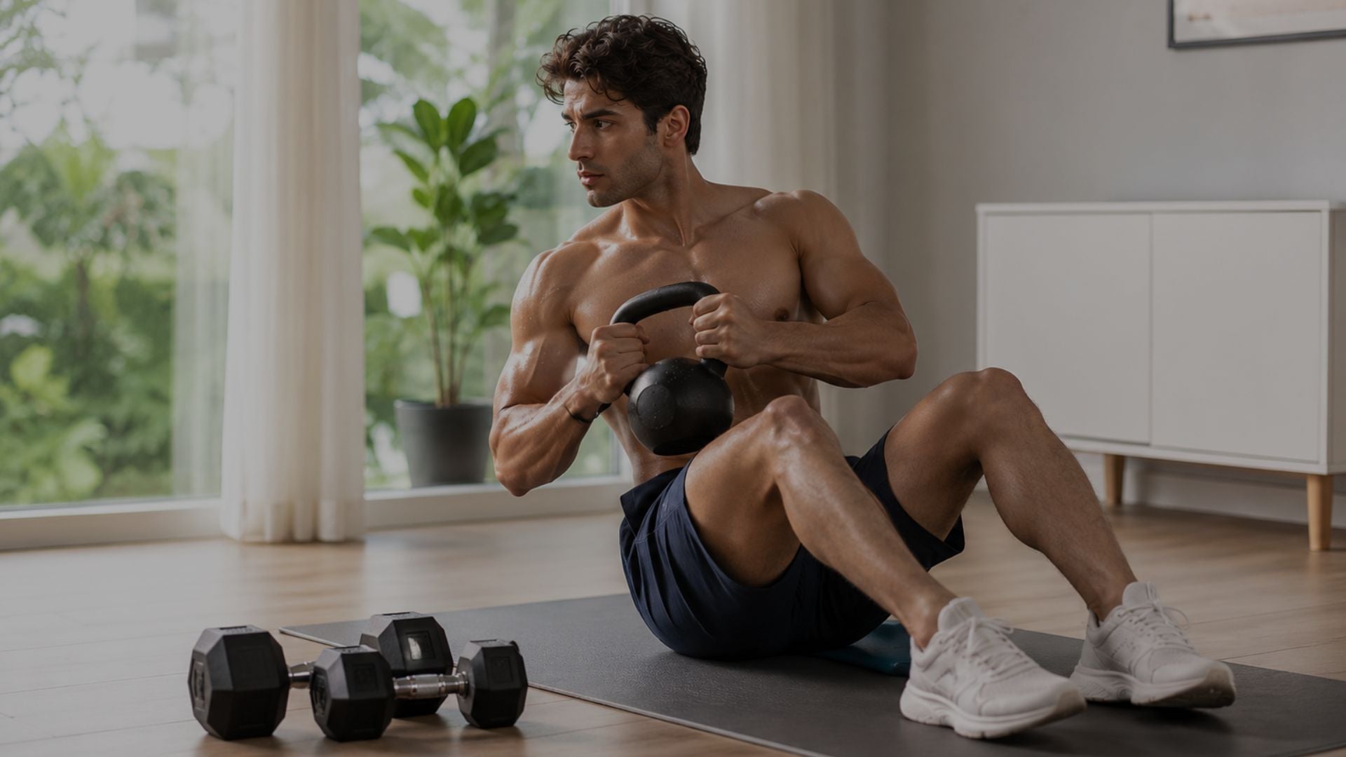Man exercising with kettlebells on a mat in a home setting