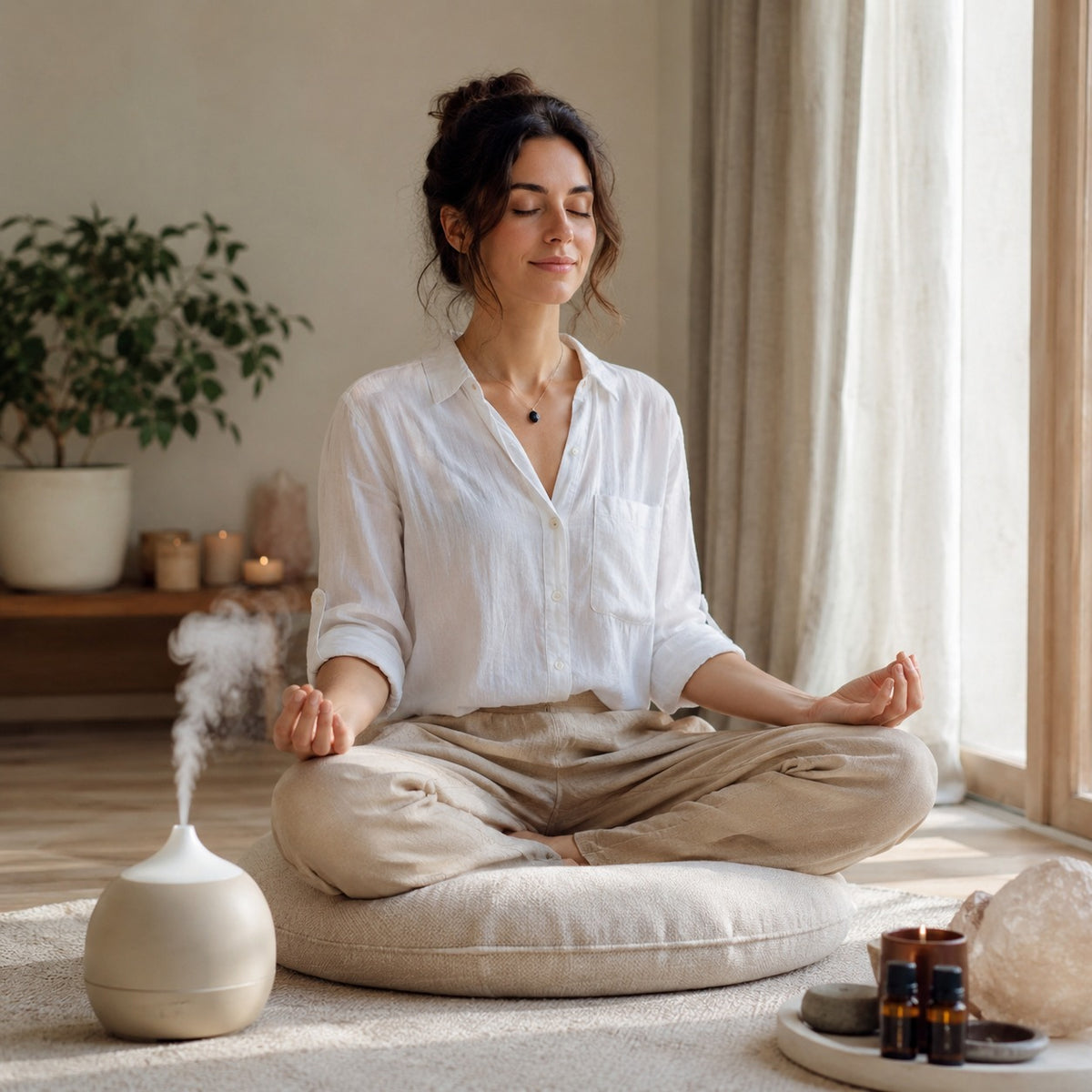 Woman meditating in a peaceful room with a diffuser and candles.